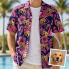 Model wearing Men's Flamingo Flockdown Custom Face Hawaiian Shirt printed with a dog's face