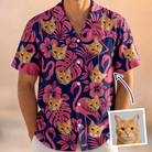 Model wearing Men's Flamingo Flockdown Custom Face Hawaiian Shirt printed with a cat's face