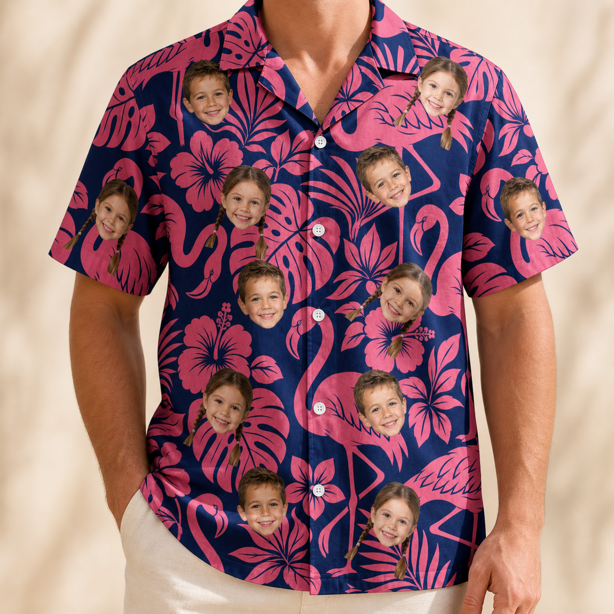 Model wearing Men's Flamingo Flockdown Custom Face Hawaiian Shirt printed with kids' faces