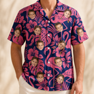 Model wearing Men's Flamingo Flockdown Custom Face Hawaiian Shirt printed with kids' faces