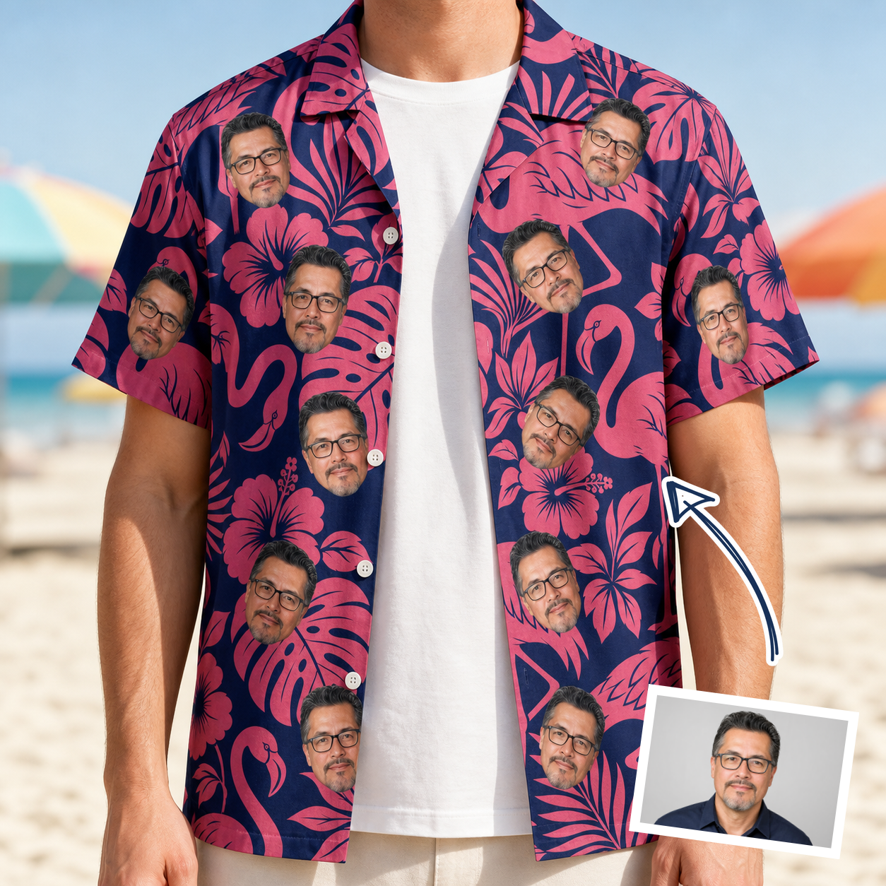Man wearing Men's Flamingo Flockdown Custom Face Hawaiian Shirt open over a white tee