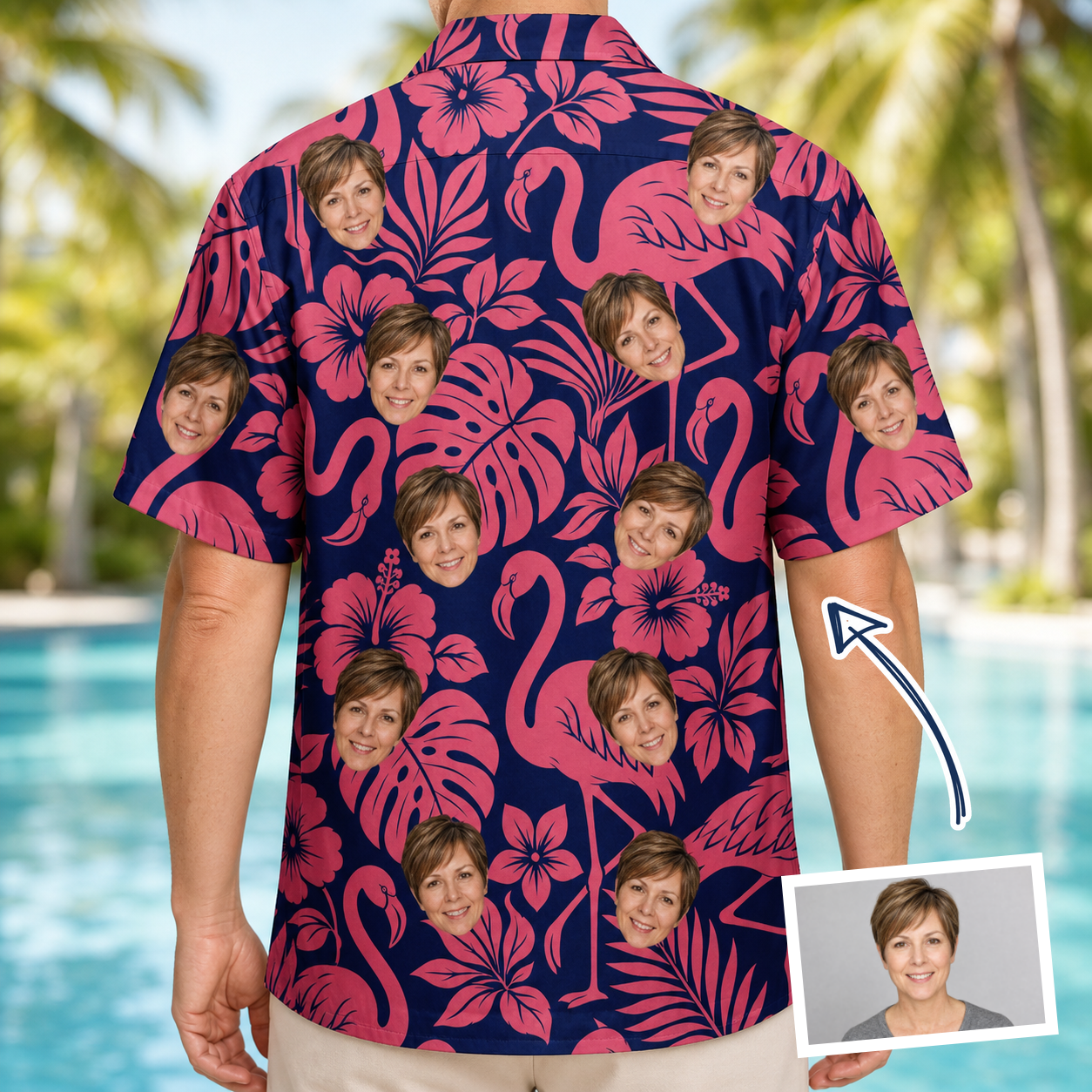 Back view of Women's Flamingo Flockdown Custom Face Hawaiian Shirt