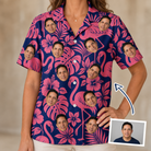 Woman wearing Women's Flamingo Flockdown Custom Face Hawaiian Shirt — custom faces printed all-over