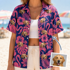 Model wearing Women's Flamingo Flockdown Custom Face Hawaiian Shirt printed with a dog's face