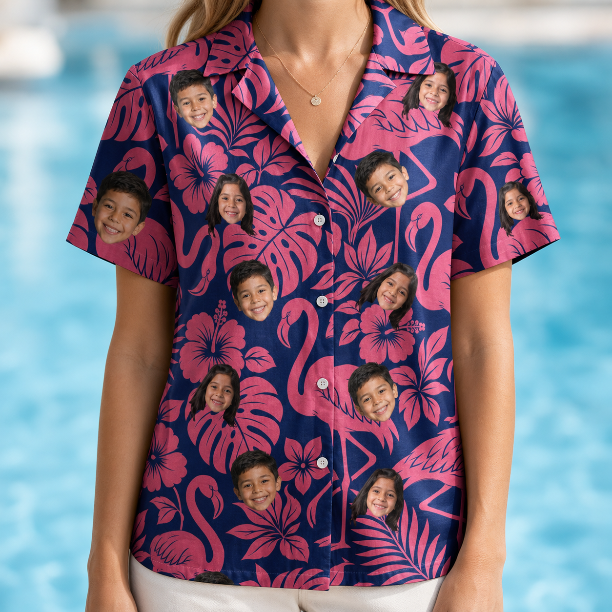 Model wearing Women's Flamingo Flockdown Custom Face Hawaiian Shirt printed with kids' faces