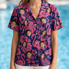 Model wearing Women's Flamingo Flockdown Custom Face Hawaiian Shirt printed with kids' faces