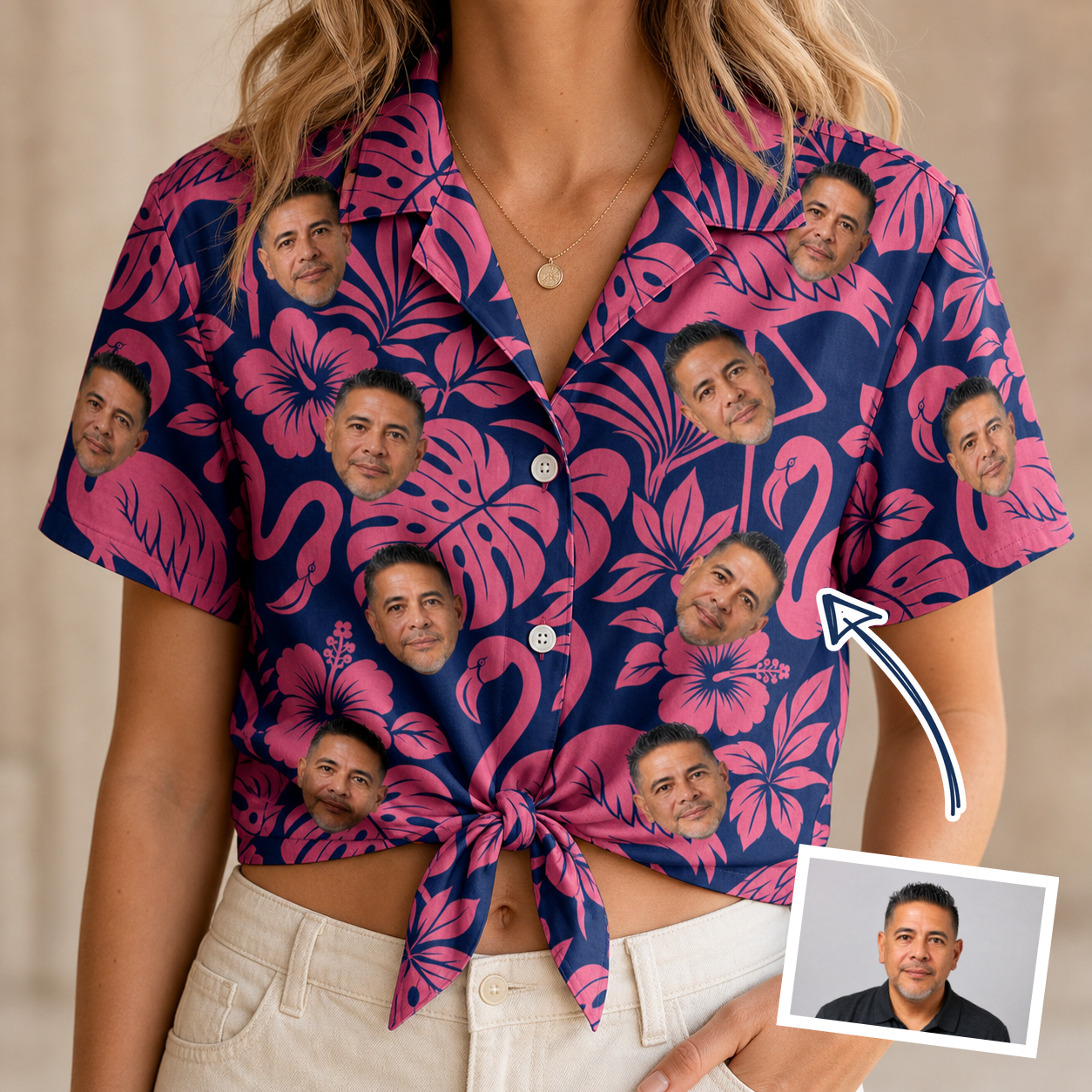 Woman wearing Women's Flamingo Flockdown Custom Face Hawaiian Shirt tied at the waist