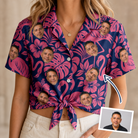 Woman wearing Women's Flamingo Flockdown Custom Face Hawaiian Shirt tied at the waist
