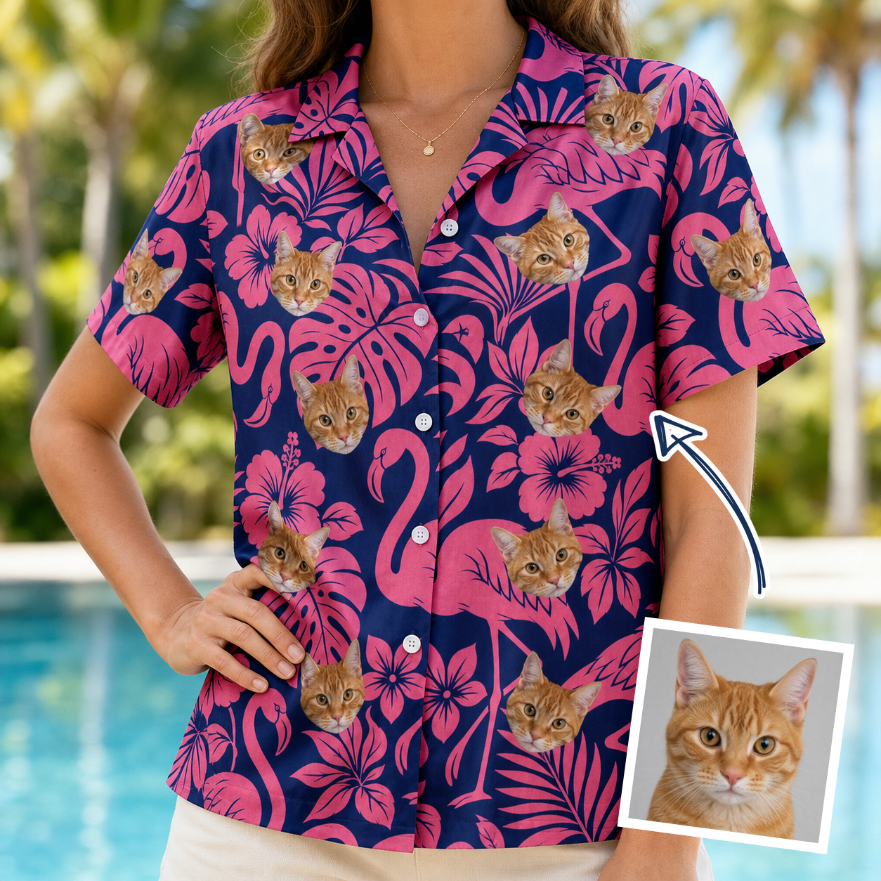 Model wearing Women's Flamingo Flockdown Custom Face Hawaiian Shirt printed with a cat's face