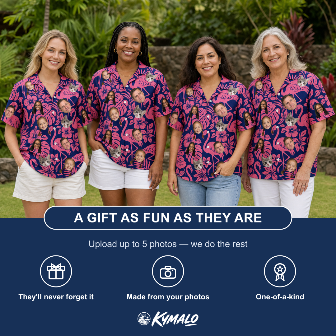 Friends in matching Women's Flamingo Flockdown Custom Face Hawaiian Shirt — a group gift photo