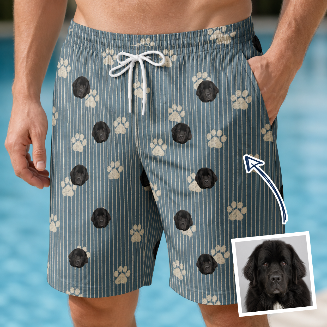 Man wearing Men's Muzzle Marks Custom Dog Face Beach Shorts — custom faces printed all-over