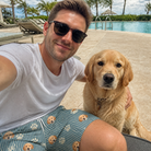 Selfie with the pet whose face is printed all over this Men's Muzzle Marks Custom Dog Face Beach Shorts