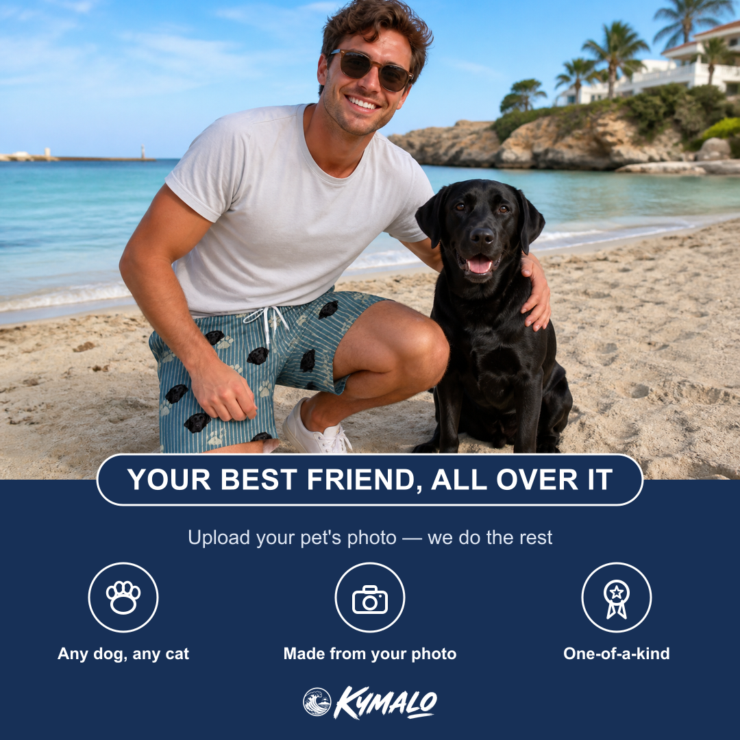 Friends in matching Men's Muzzle Marks Custom Dog Face Beach Shorts — a group gift photo