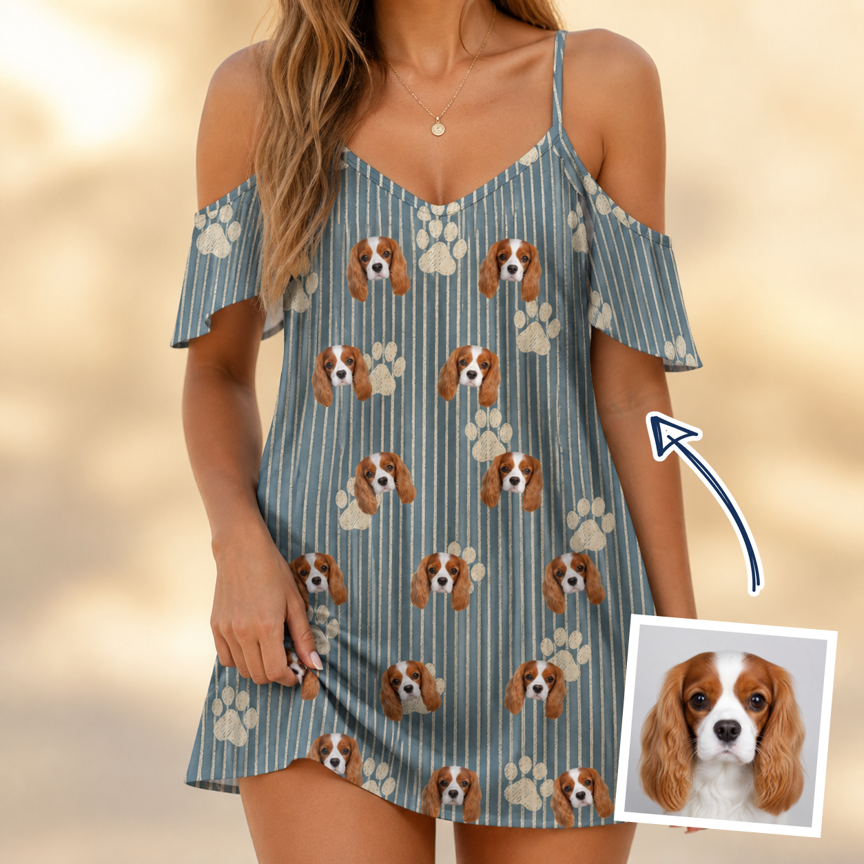 Woman wearing Women's Muzzle Marks Custom Dog Face Off-Shoulder Dress — custom faces printed all-over