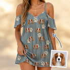 Woman wearing Women's Muzzle Marks Custom Dog Face Off-Shoulder Dress — custom faces printed all-over