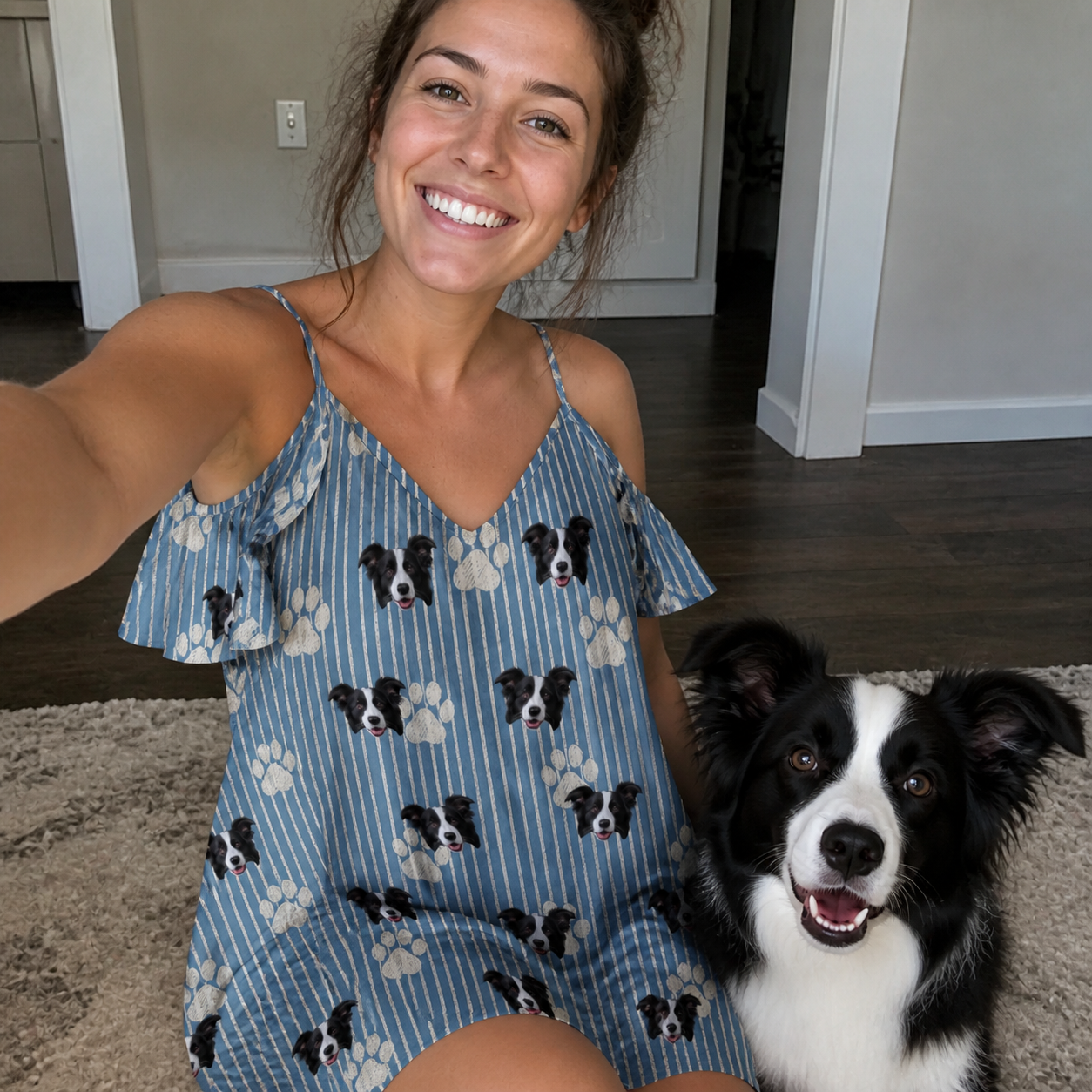 Selfie with the pet whose face is printed all over this Women's Muzzle Marks Custom Dog Face Off-Shoulder Dress