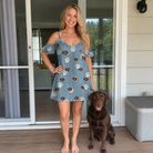 Full-length photo with the pet printed all over this Women's Muzzle Marks Custom Dog Face Off-Shoulder Dress