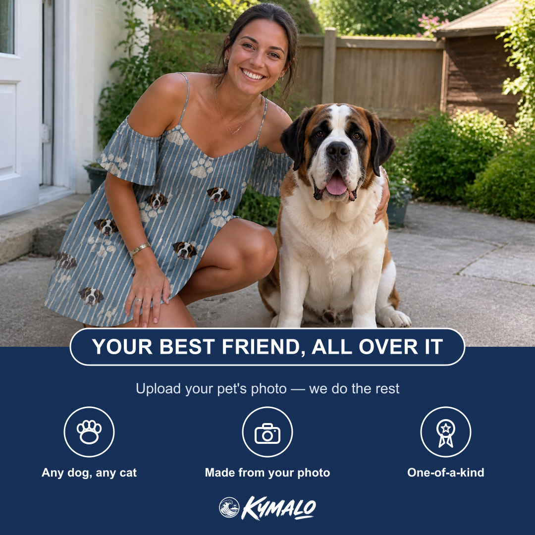 Friends in matching Women's Muzzle Marks Custom Dog Face Off-Shoulder Dress — a group gift photo