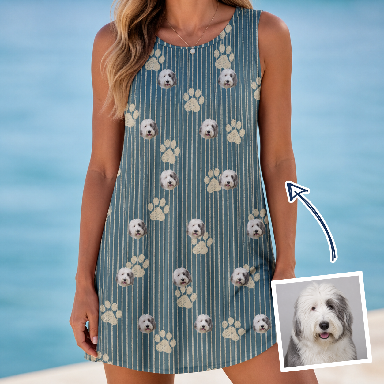 Woman wearing Women's Muzzle Marks Custom Dog Face Tank Dress — custom faces printed all-over
