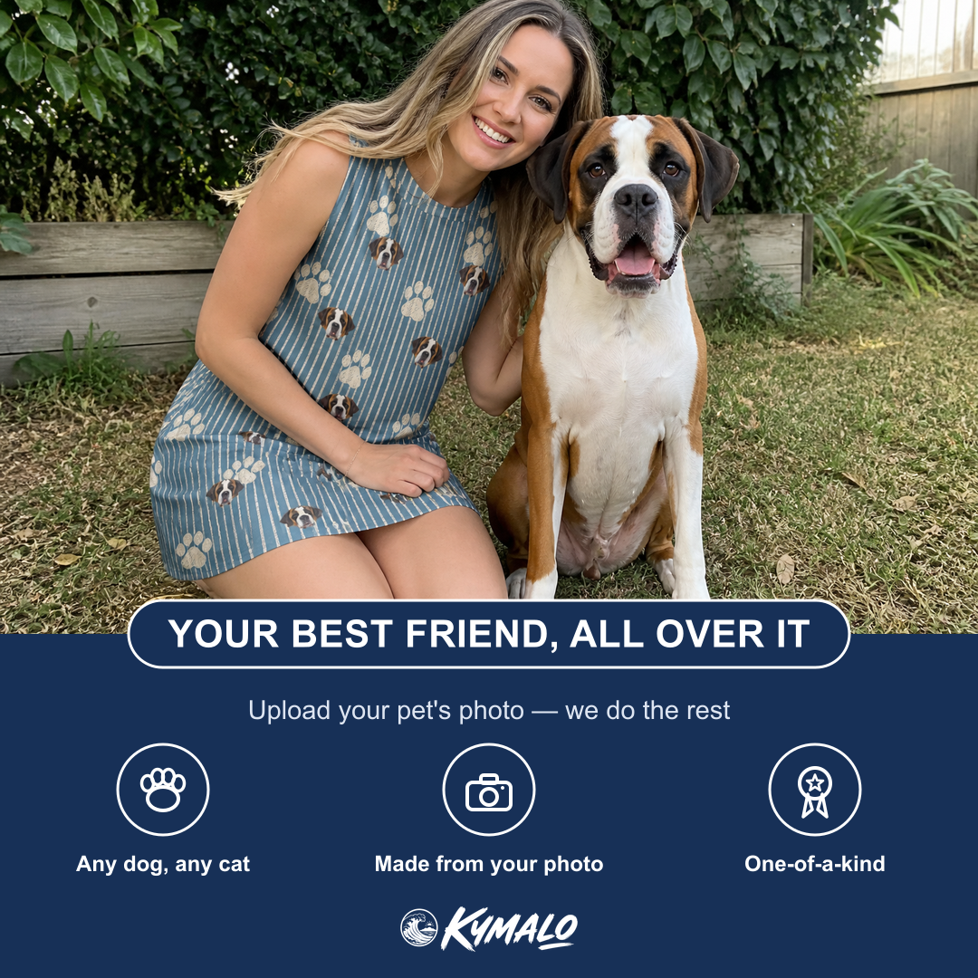Friends in matching Women's Muzzle Marks Custom Dog Face Tank Dress — a group gift photo