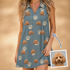 Woman wearing Women's Muzzle Marks Custom Dog Face V-Neck Dress — custom faces printed all-over