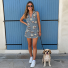 Full-length photo with the pet printed all over this Women's Muzzle Marks Custom Dog Face V-Neck Dress