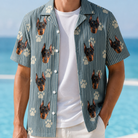Man wearing Men's Muzzle Marks Custom Dog Face Hawaiian Shirt open over a white tee