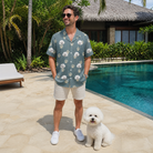 Full-length photo with the pet printed all over this Men's Muzzle Marks Custom Dog Face Hawaiian Shirt