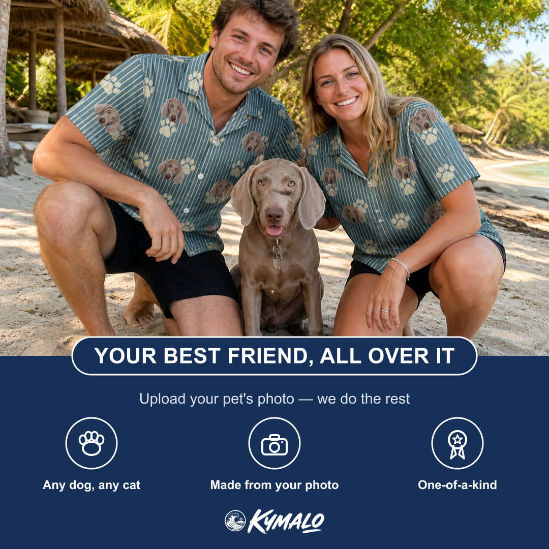 Friends in matching Men's Muzzle Marks Custom Dog Face Hawaiian Shirt — a group gift photo