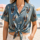 Woman wearing Women's Muzzle Marks Custom Dog Face Hawaiian Shirt tied at the waist