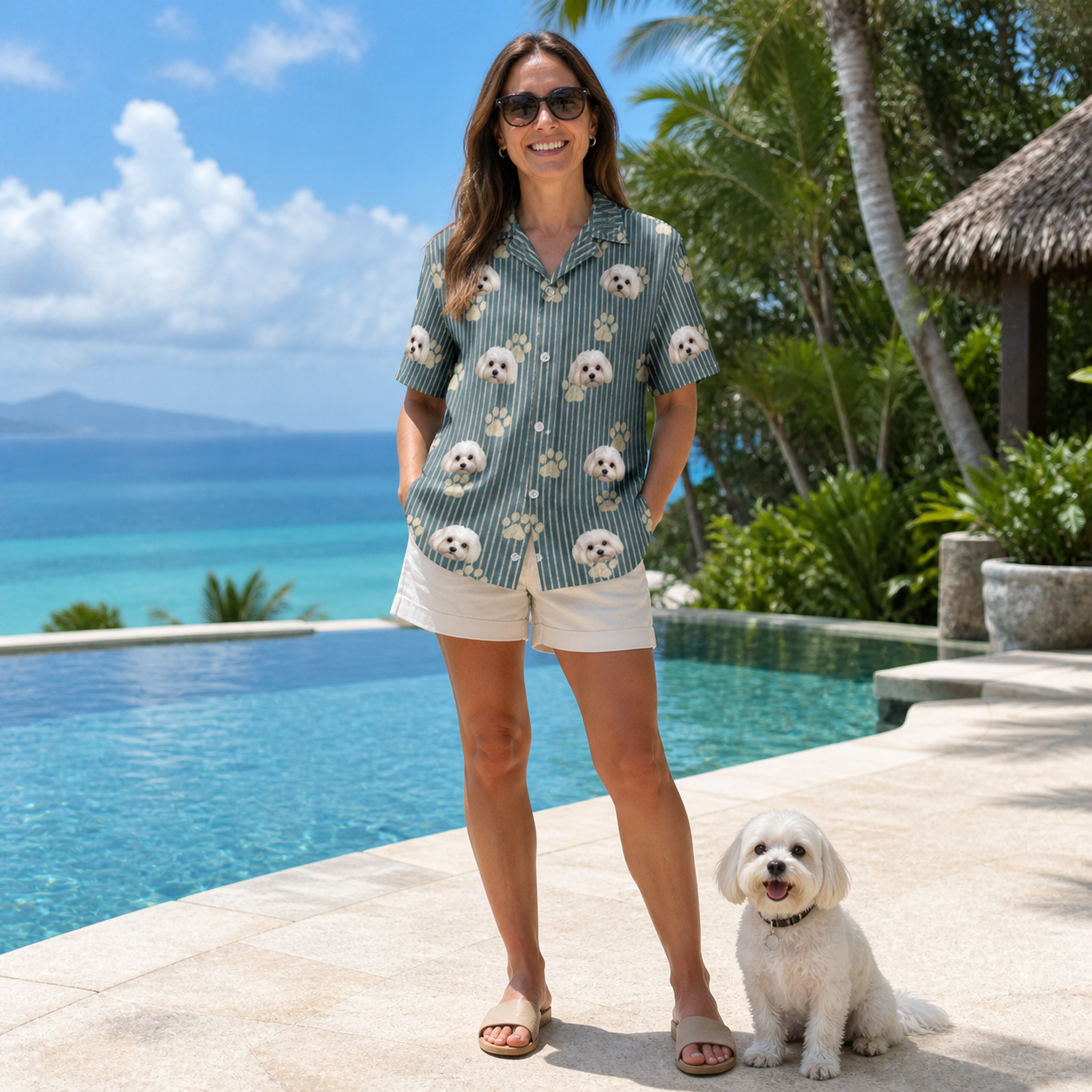 Full-length photo with the pet printed all over this Women's Muzzle Marks Custom Dog Face Hawaiian Shirt