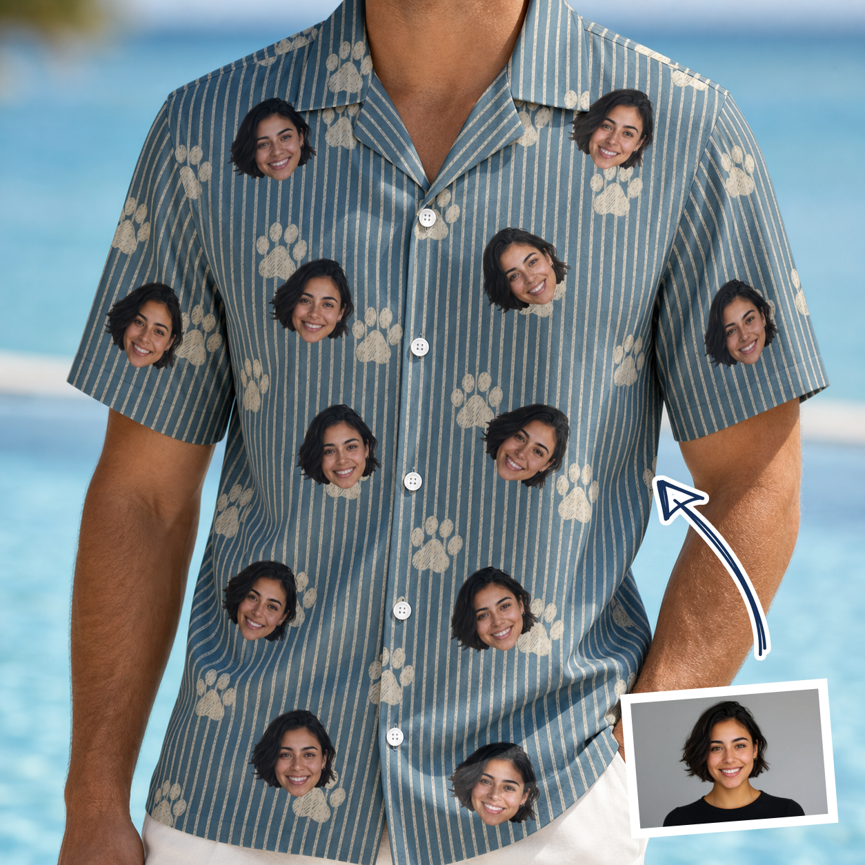 Man wearing Men's Muzzle Marks Custom Face Hawaiian Shirt — custom faces printed all-over