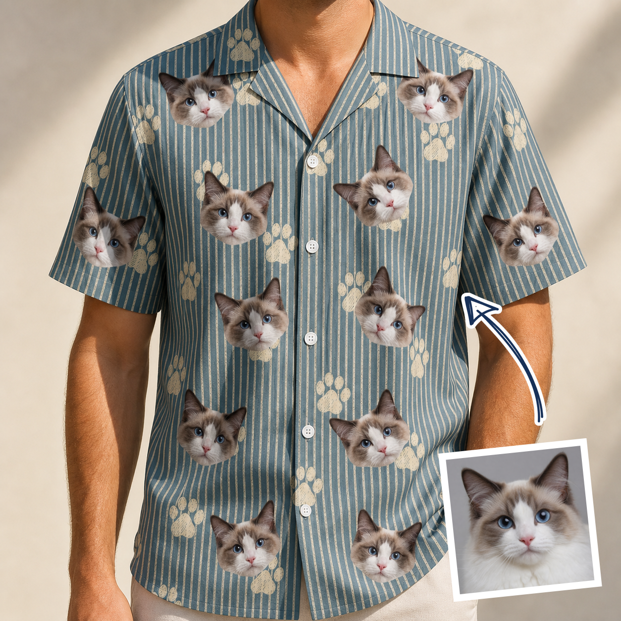 Model wearing Men's Muzzle Marks Custom Face Hawaiian Shirt printed with a cat's face
