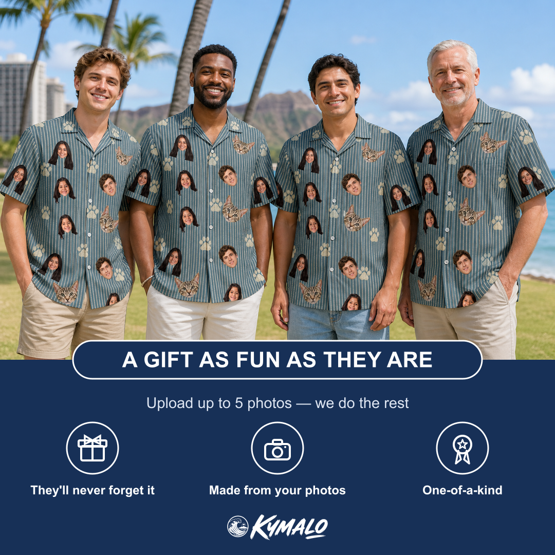 Friends in matching Men's Muzzle Marks Custom Face Hawaiian Shirt — a group gift photo