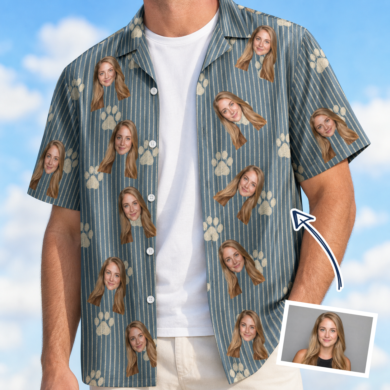 Man wearing Men's Muzzle Marks Custom Face Hawaiian Shirt open over a white tee