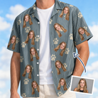 Man wearing Men's Muzzle Marks Custom Face Hawaiian Shirt open over a white tee