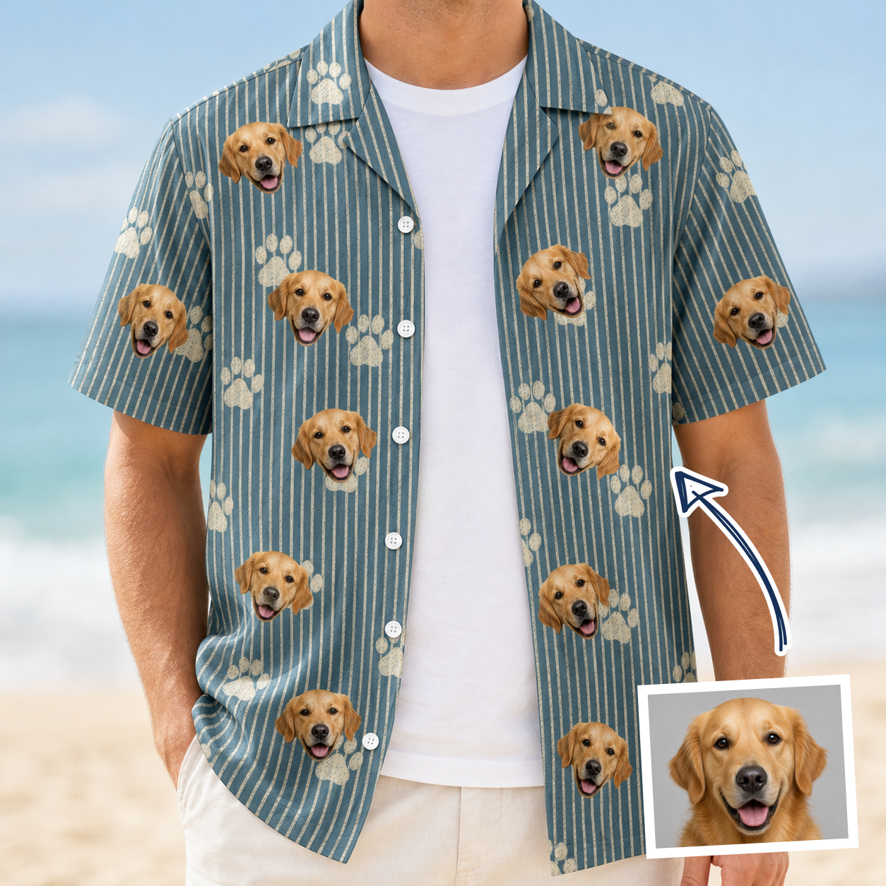 Model wearing Men's Muzzle Marks Custom Face Hawaiian Shirt printed with a dog's face