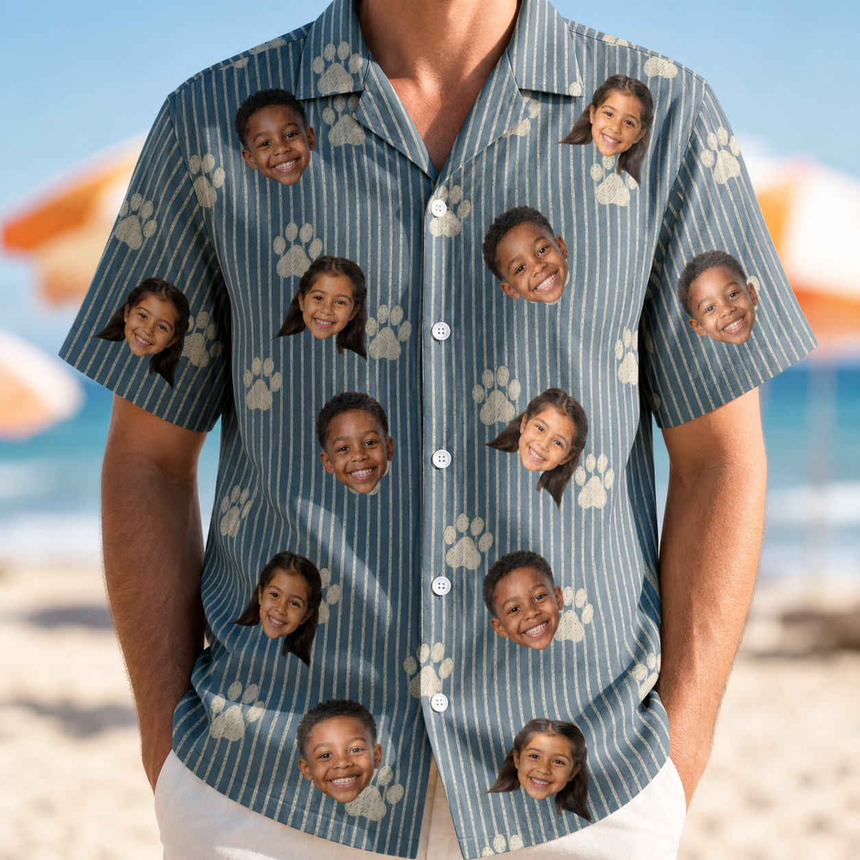 Model wearing Men's Muzzle Marks Custom Face Hawaiian Shirt printed with kids' faces
