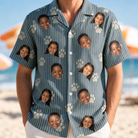 Model wearing Men's Muzzle Marks Custom Face Hawaiian Shirt printed with kids' faces