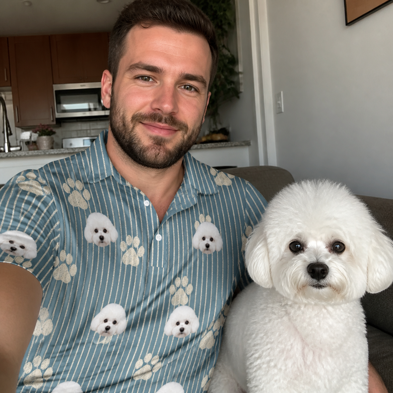 Selfie with the pet whose face is printed all over this Men's Muzzle Marks Custom Dog Face Polo Shirt