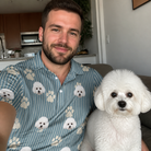 Selfie with the pet whose face is printed all over this Men's Muzzle Marks Custom Dog Face Polo Shirt