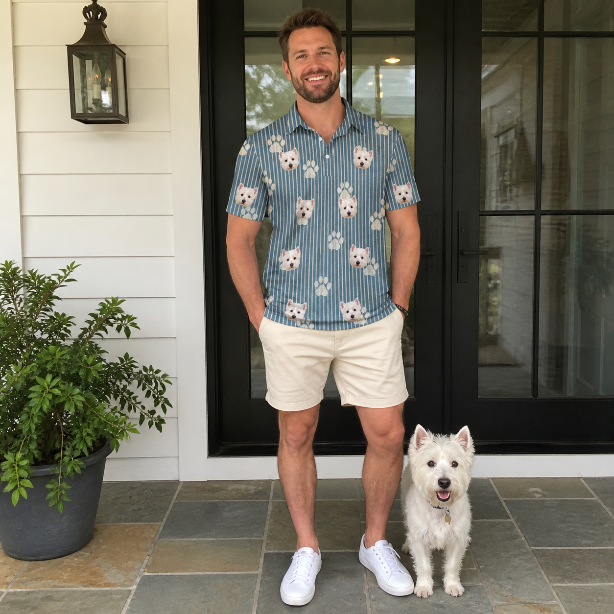 Full-length photo with the pet printed all over this Men's Muzzle Marks Custom Dog Face Polo Shirt