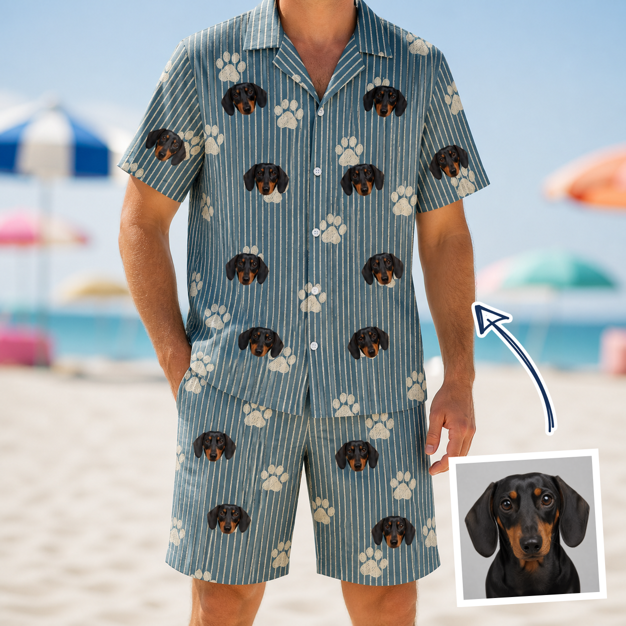 Man wearing Men's Muzzle Marks Custom Dog Face Shirt & Shorts Set — custom faces printed all-over