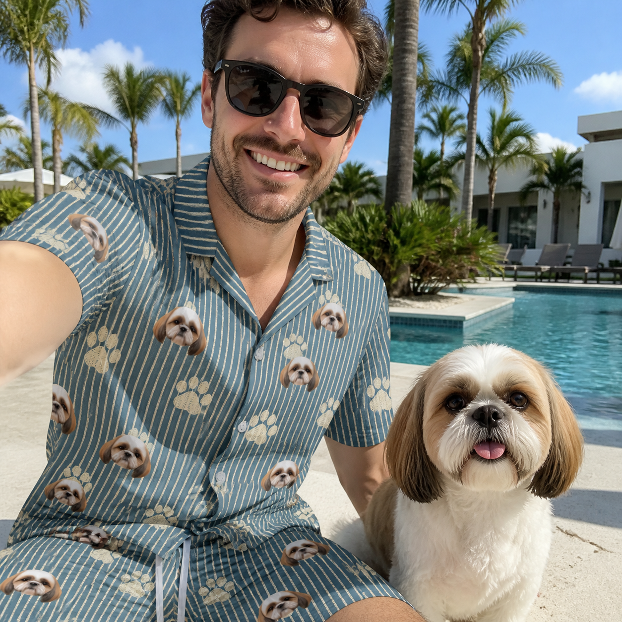 Selfie with the pet whose face is printed all over this Men's Muzzle Marks Custom Dog Face Shirt & Shorts Set