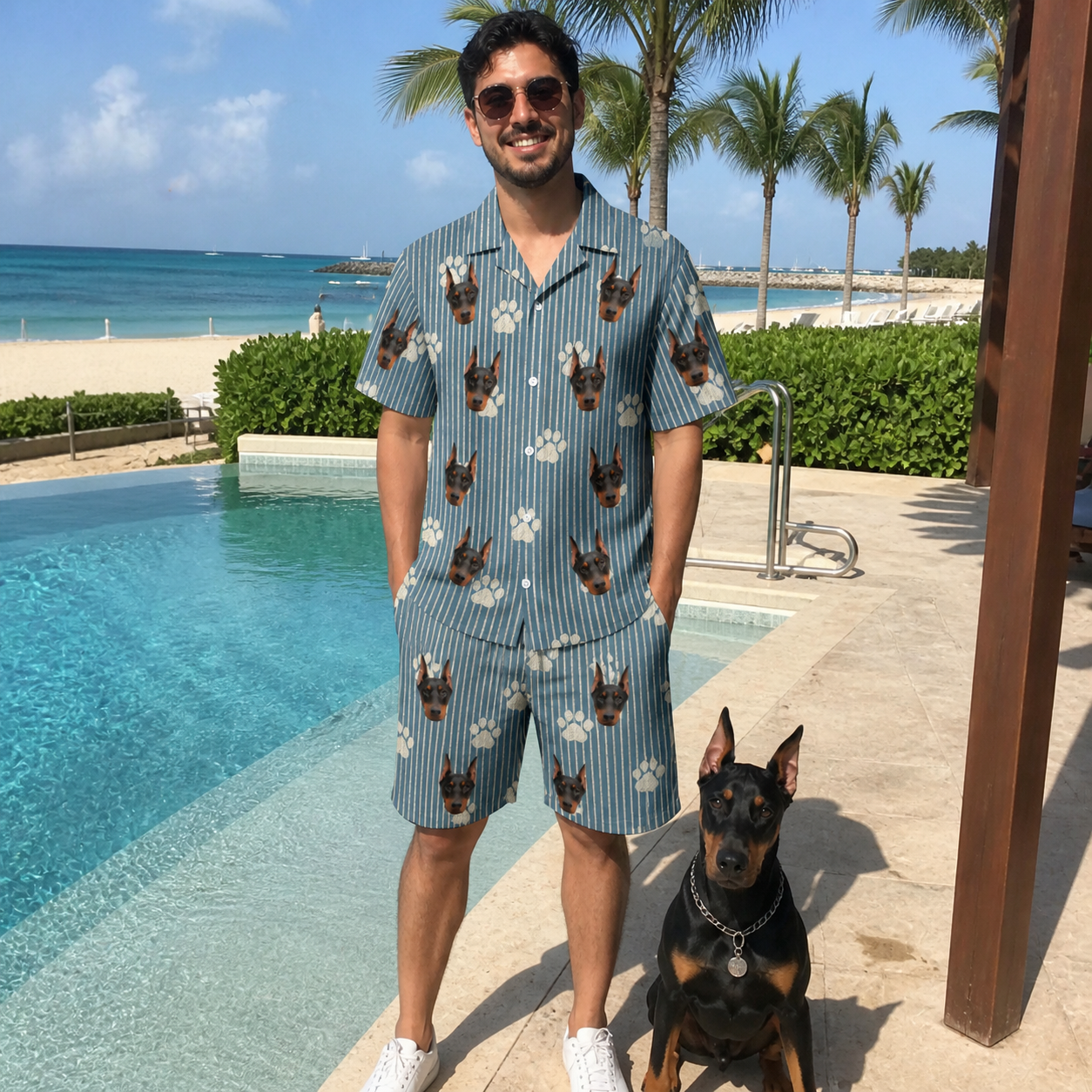Full-length photo with the pet printed all over this Men's Muzzle Marks Custom Dog Face Shirt & Shorts Set