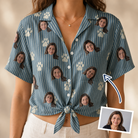 Woman wearing Women's Muzzle Marks Custom Face Hawaiian Shirt tied at the waist