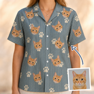 Model wearing Women's Muzzle Marks Custom Face Hawaiian Shirt printed with a cat's face