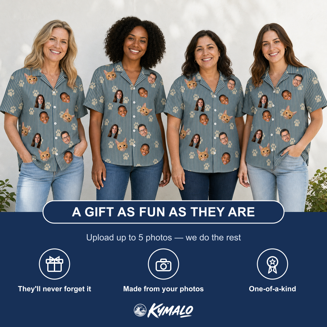 Friends in matching Women's Muzzle Marks Custom Face Hawaiian Shirt — a group gift photo