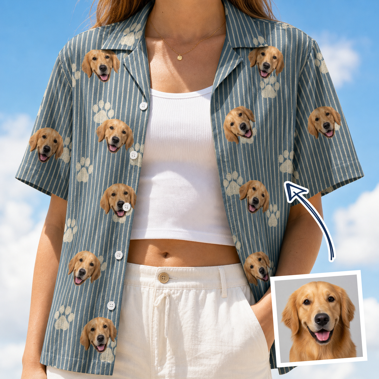 Model wearing Women's Muzzle Marks Custom Face Hawaiian Shirt printed with a dog's face