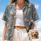 Model wearing Women's Muzzle Marks Custom Face Hawaiian Shirt printed with a dog's face
